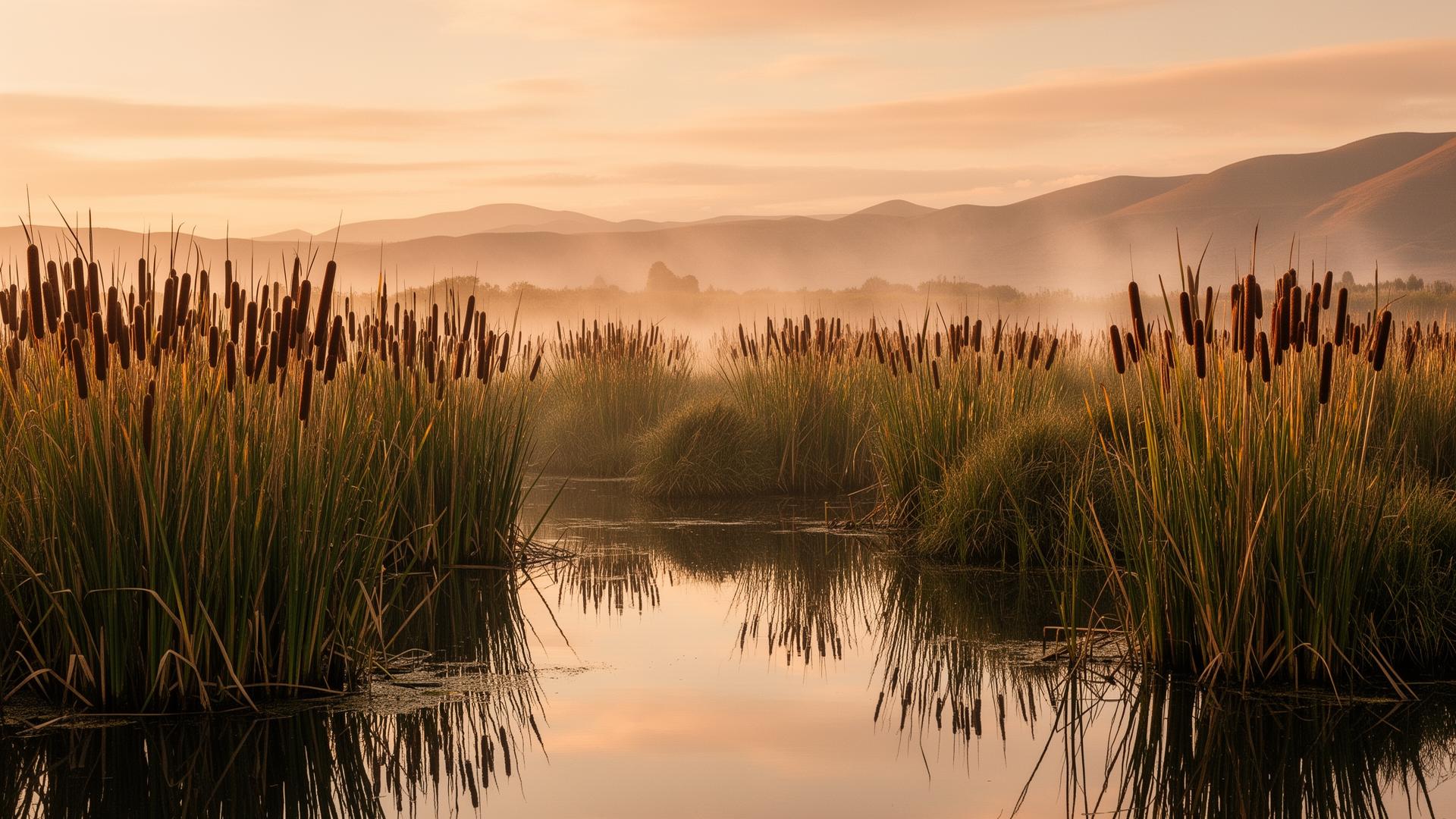 Humedal con totoras al amanecer